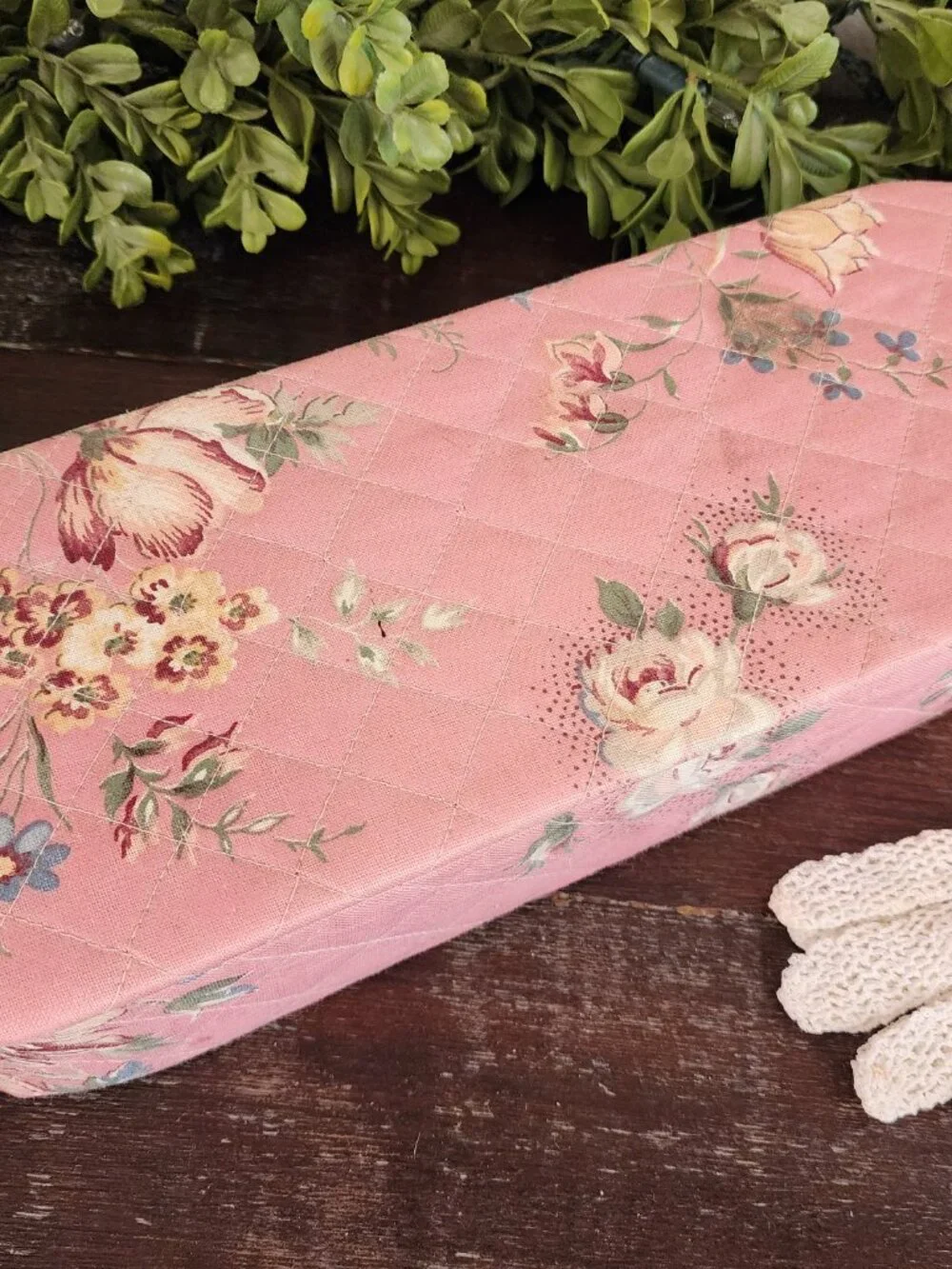 Vintage 1940's Pink Floral Covered Padded & Quilted Glove Dresser Box